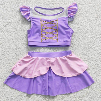 S0145 Wholesale Boutique children's clothes girls swimsuit purple short sleeved skirt swimsuit set comfortable