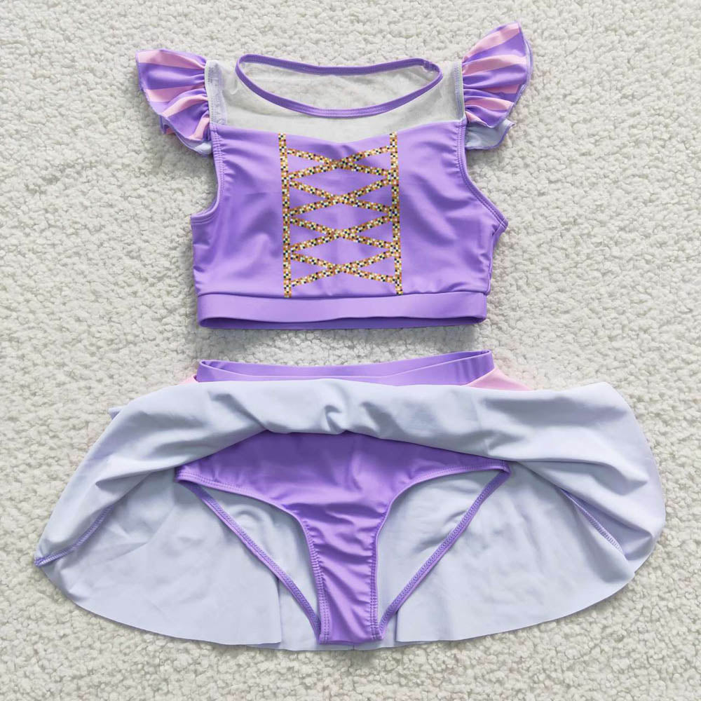 S0145 Wholesale Boutique children's clothes girls swimsuit purple short sleeved skirt swimsuit set comfortable