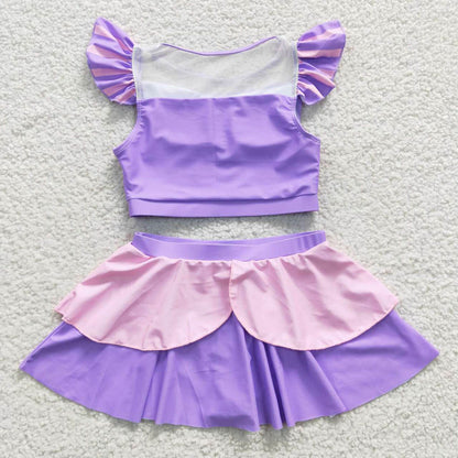 S0145 Wholesale Boutique children's clothes girls swimsuit purple short sleeved skirt swimsuit set comfortable