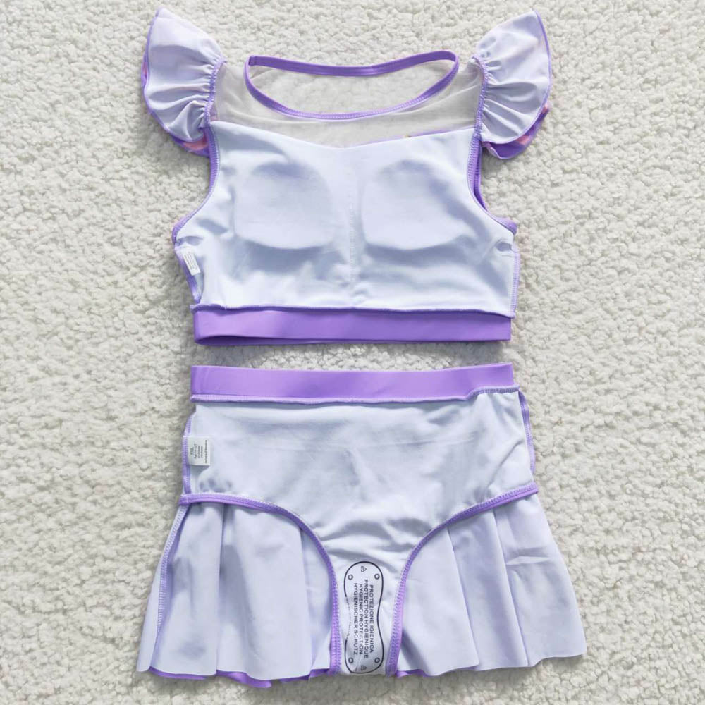 S0145 Wholesale Boutique children's clothes girls swimsuit purple short sleeved skirt swimsuit set comfortable