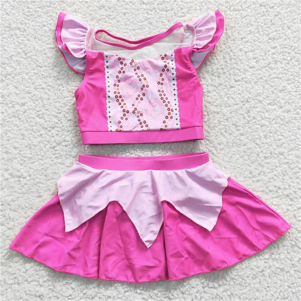 S0146 Princess Pink Short Sleeve Short Skirt Swimsuit set