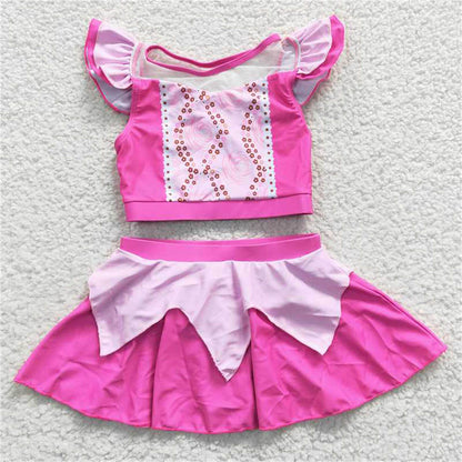 S0146 Princess Pink Short Sleeve Short Skirt Swimsuit set
