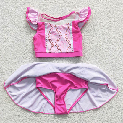 S0146 Princess Pink Short Sleeve Short Skirt Swimsuit set