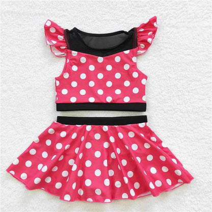 S0147 Pink Polka Dot Short Sleeve Short Skirt Swimsuit set