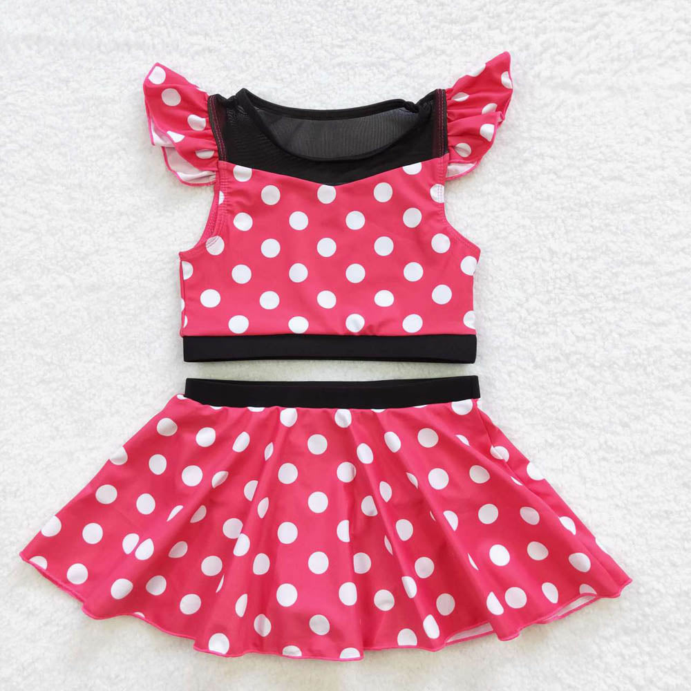 S0147 Pink Polka Dot Short Sleeve Short Skirt Swimsuit set