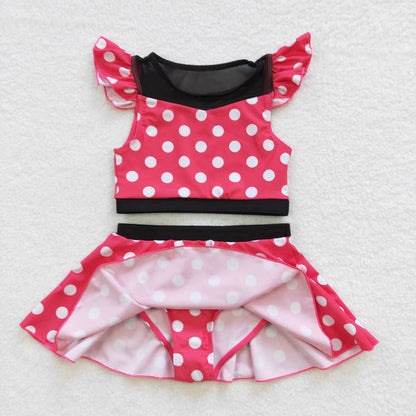 S0147 Pink Polka Dot Short Sleeve Short Skirt Swimsuit set