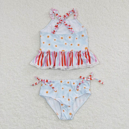 S0157 Daisy Flower Red Stripe Light Blue Swimsuit Suit