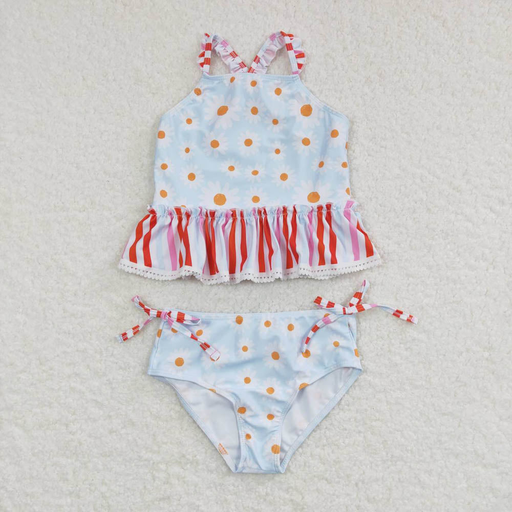 S0157 Daisy Flower Red Stripe Light Blue Swimsuit Suit