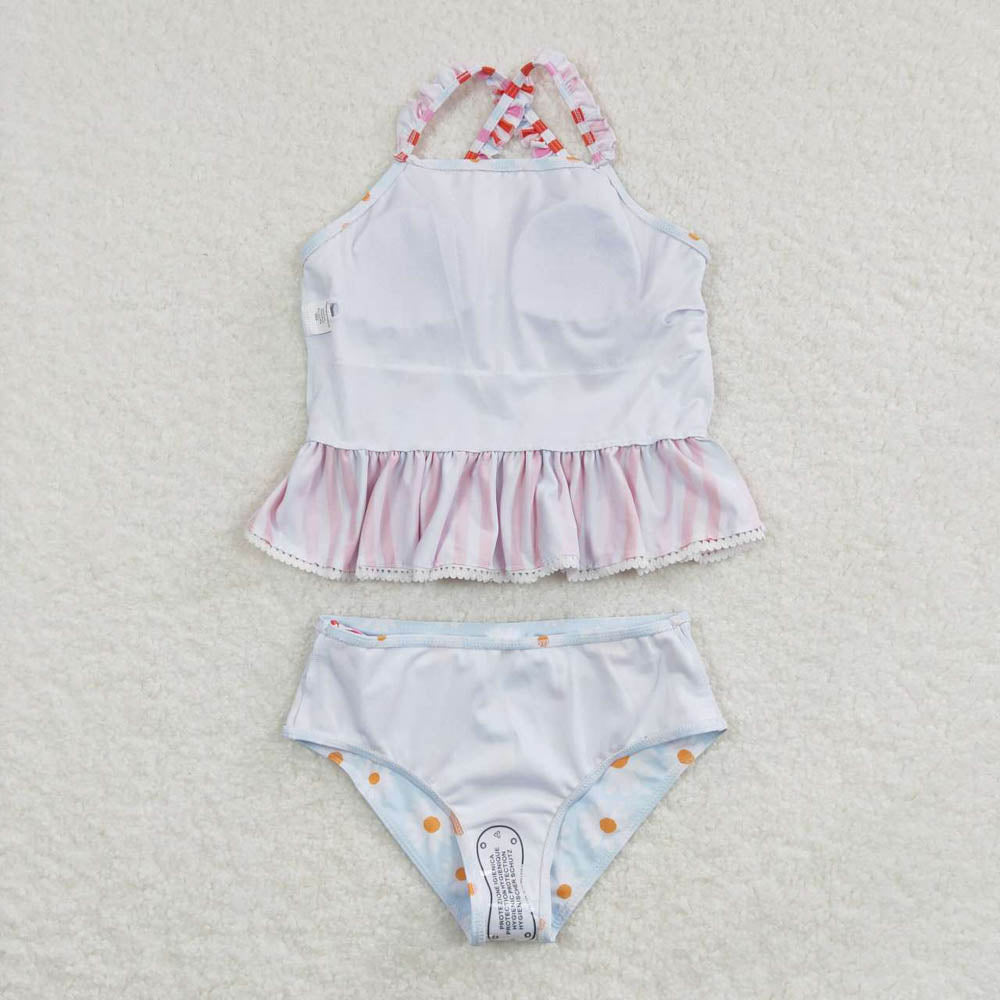 S0157 Daisy Flower Red Stripe Light Blue Swimsuit Suit