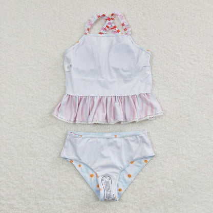 S0157 Daisy Flower Red Stripe Light Blue Swimsuit Suit