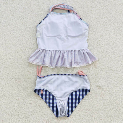 S0158 Floral Lace Lace Blue Plaid Swimsuit Set