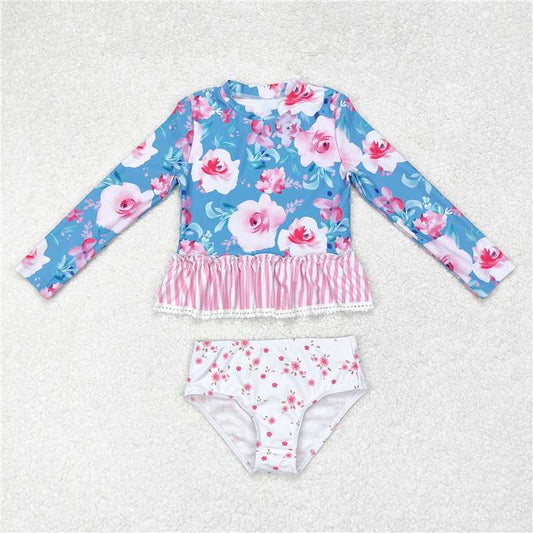 RTS S0168 Baby Girls Blue Flowers Long Sleeve Two-Piece Swimsuit Set Cute Poolside Fashion for Little Ones