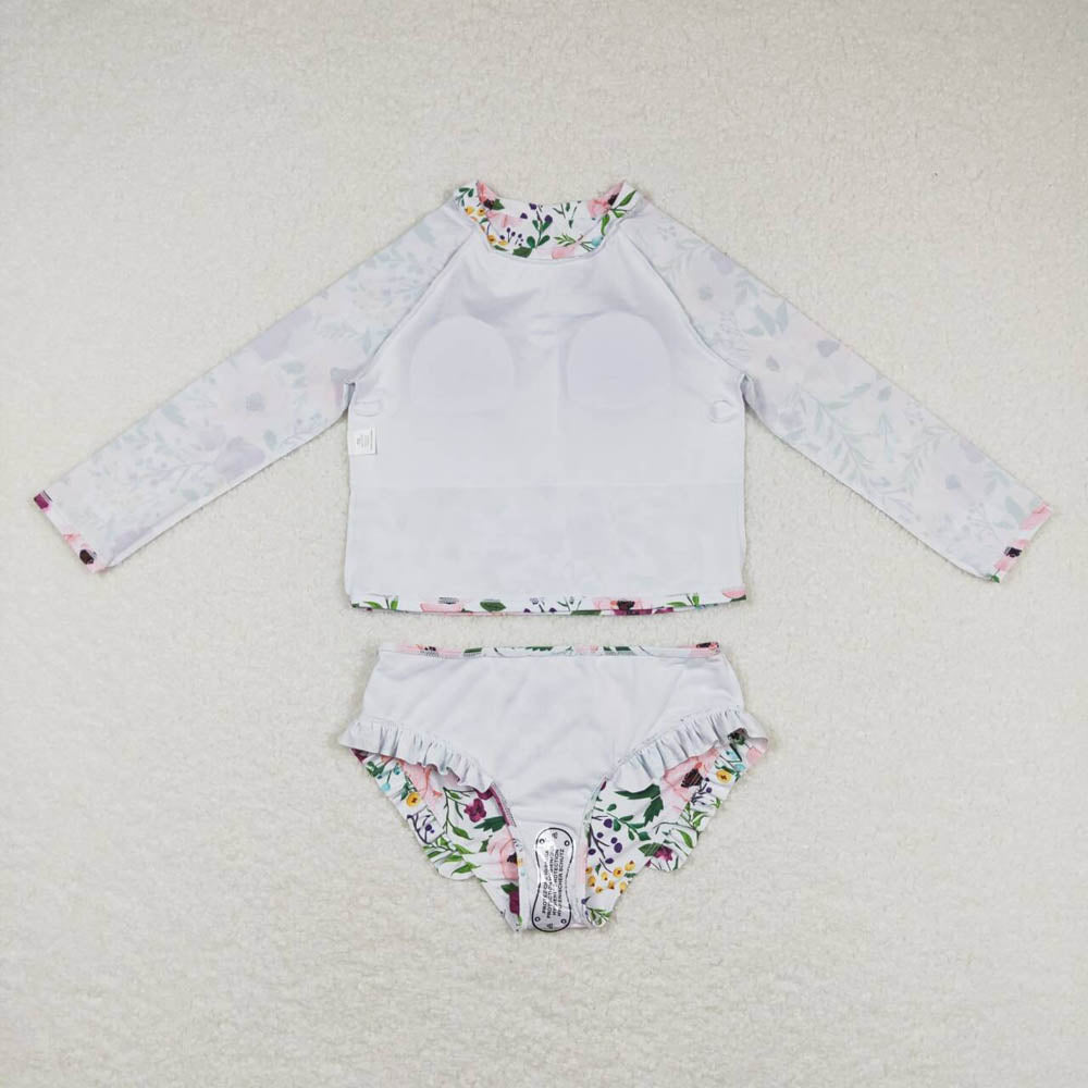 S0180 Pink Purple Flower White Long Sleeve Swimsuit Suit