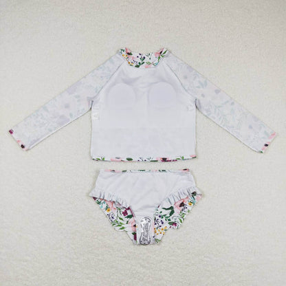S0180 Pink Purple Flower White Long Sleeve Swimsuit Suit