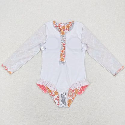 S0184 Flower butterfly white zipper long-sleeved one-piece swimsuit