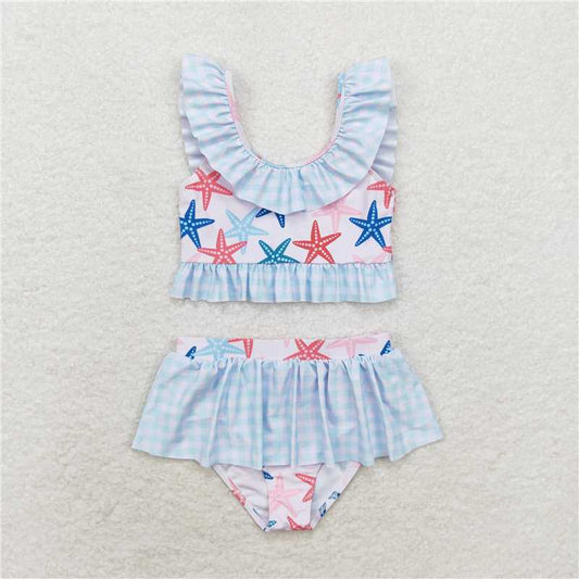 RTS S0240 Baby Girls 2pcs Star Fish Ruffle Swimsuit Set Summer Swimwear for Infants