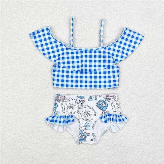RTS S0254 Baby Girls Blue Checkered Two-Piece Swimsuit with Floral Bummie Cute Top And Bottom Set for Little Swimmers