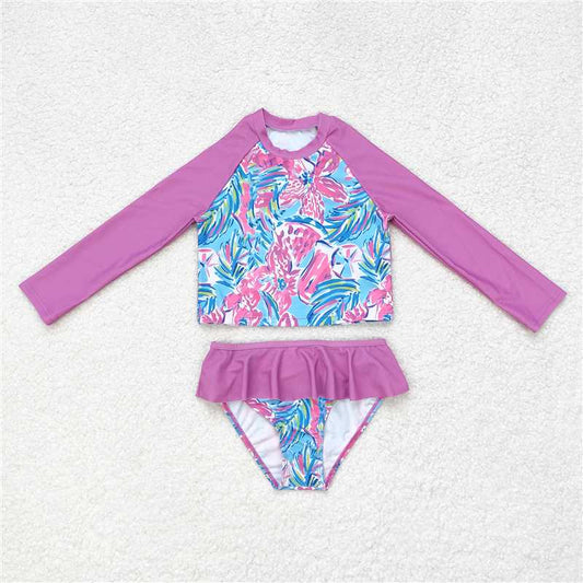 RTS S0259 Baby Girls Pink Flowers Long Sleeve Swimsuit Two-Piece Set with Top And Bummie for Spring And Summer