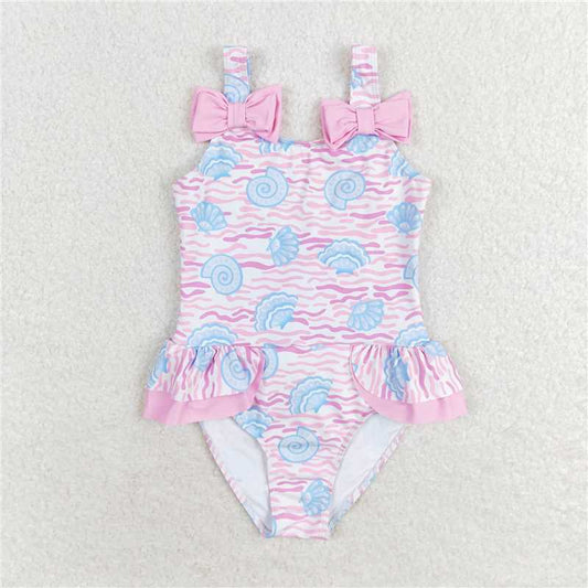 RTS S0343 Baby Girls Pink Sea Shell Ruffle One Piece Swimsuit with Bows Toddler Poolwear for Girls