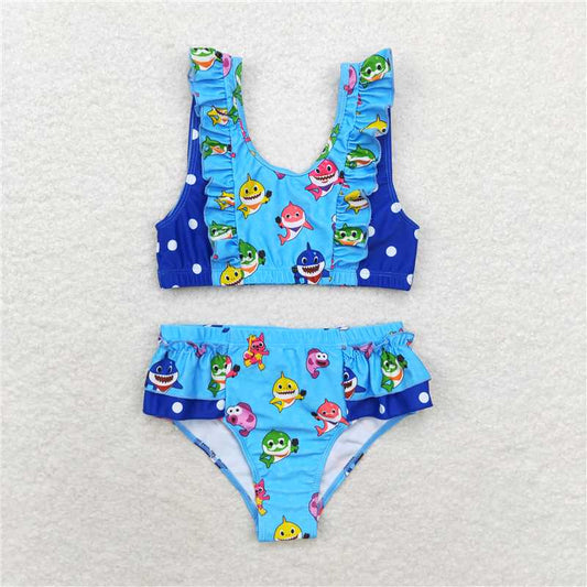 RTS S0280 Baby Girls 2pcs Summer Blue Sharks Ruffle Swimsuit Set Cute Baby Girl Swimwear with Ruffles for Summer Fun