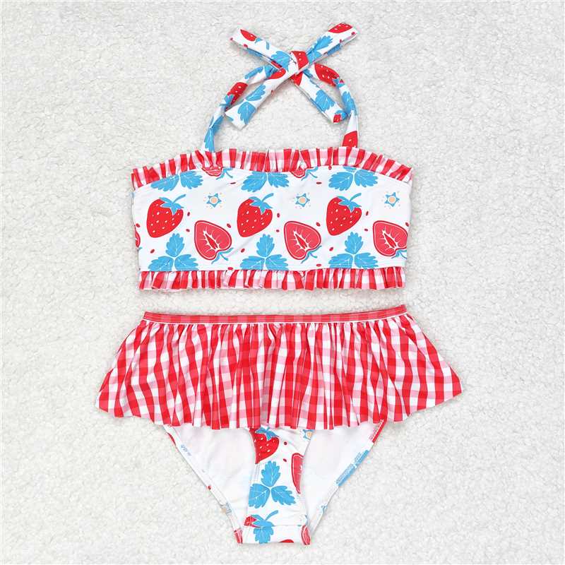 RTS S0316 Baby Girls Summer Strawberry Halter Two-Piece Swimsuit Set Cute Strap Design Baby Poolwear Summer Outfit