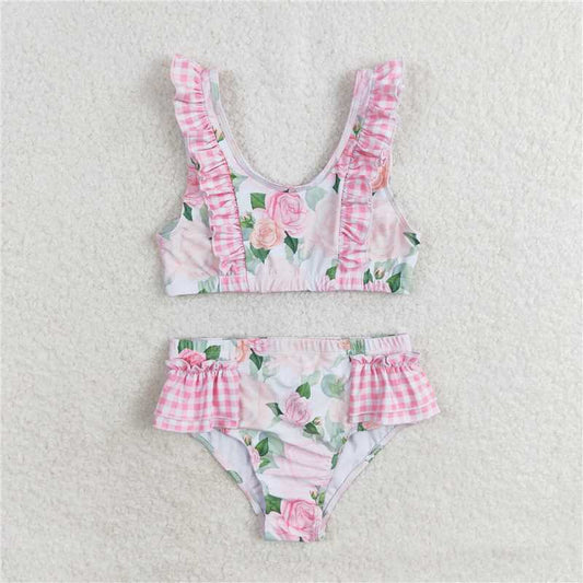 RTS S0318 Baby Girls Summer Swimsuit Pink Flowers Top Ruffle Bottom Girls Summer Swimwear Baby Girl's Summer Swimsuit