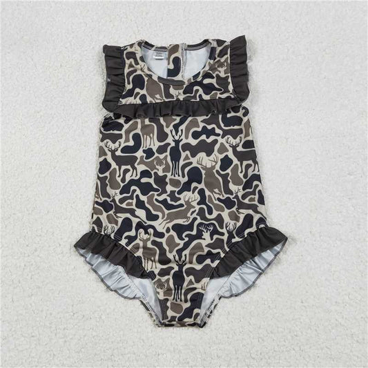 RTS S0597 Baby Girls Zipper Ruffle Swimsuits Dark Brown Deer Camo Southern Style Infant Swimwear