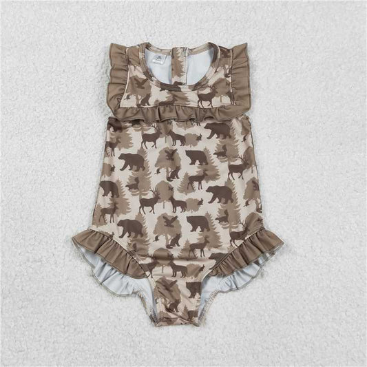 RTS S0599 Baby Girls Southern Khaki Deer Bears Camouflage Ruffle Swimsuit