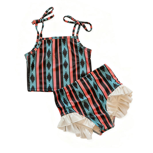 C11.17 S0624 Baby Girls Strap Aztec Stripe Top Bummies 2 Piece Swimsuits Preorder