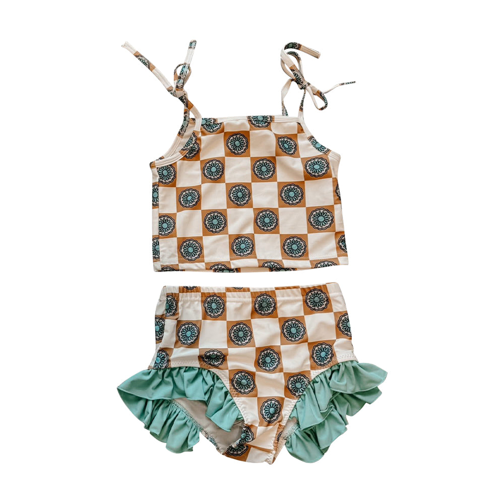 C11.17 S0626 Baby Girls Strap Turquoises Checked Bummies Western 2 Piece Swimsuits Preorder