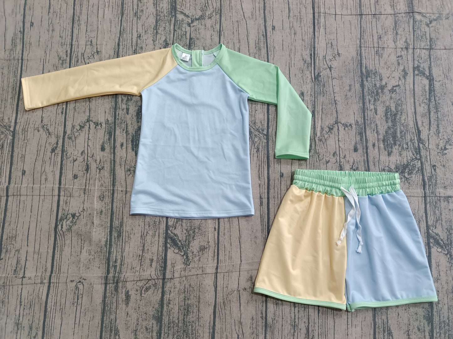 Sample S0634 Cute Baby Boys Long Sleeve Yellow Aqua Blue Top Shorts Swimsuits Clothes Sets