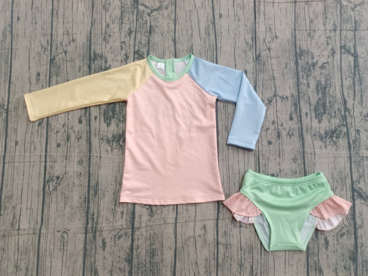 Sample S0637 Cute Baby Girls Long Sleeve Yellow Aqua Blue Pink Top Bummies 2 Piece Swimsuits
