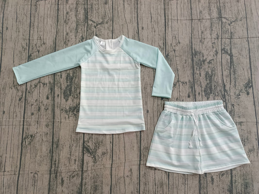 Sample S0649 Cute Baby Boys Aqua Stripe Top Pockets Shorts Swimsuits Clothes Sets