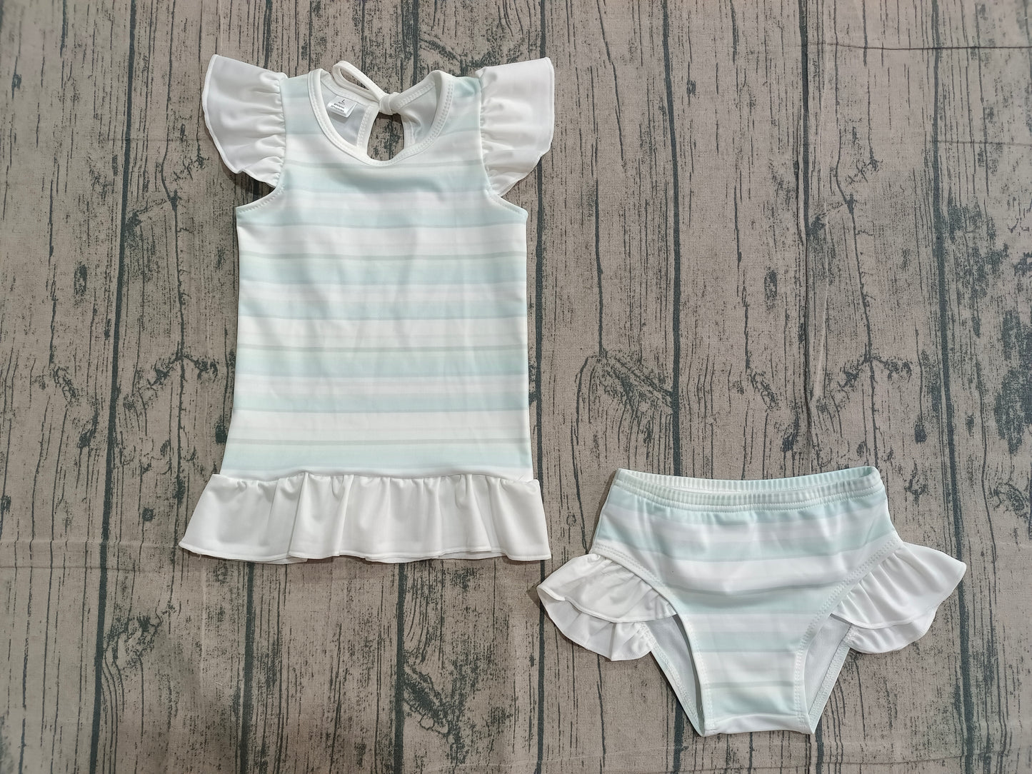 Sample S0652 Cute Baby Girls Aqua Stripe Ruffle Top Bummies 2 Pieces Swimsuits