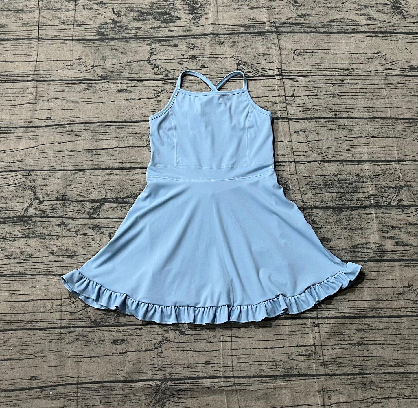 Sample S0713 Cute Yoga fabric Baby Girls Light Blue Strap Yoga Active Shorts Ruffle Knee Length Dresses