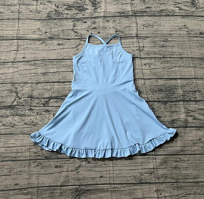 Sample S0713 Cute Yoga fabric Baby Girls Light Blue Strap Yoga Active Shorts Ruffle Knee Length Dresses
