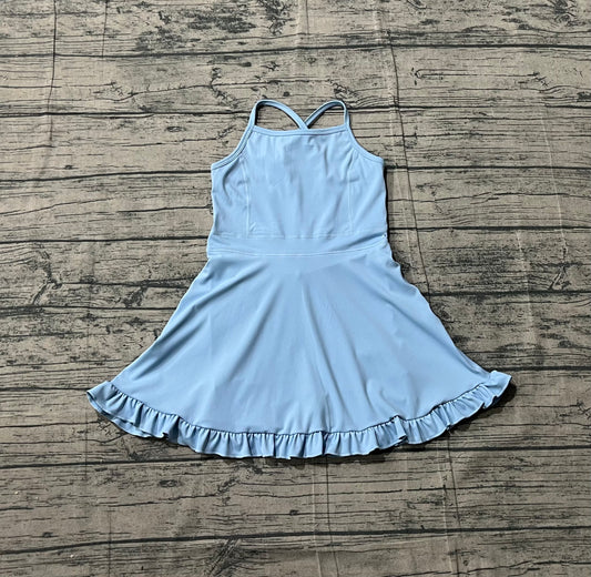 Sample S0713 Cute Yoga fabric Baby Girls Light Blue Strap Yoga Active Shorts Ruffle Knee Length Dresses