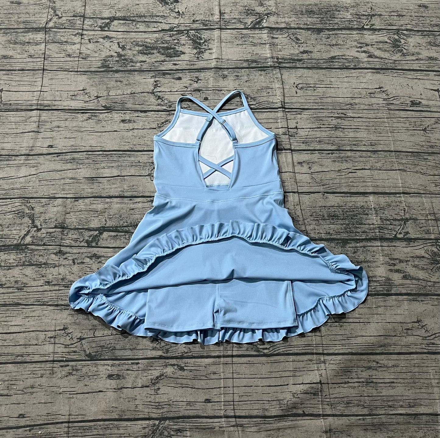 Sample S0713 Cute Yoga fabric Baby Girls Light Blue Strap Yoga Active Shorts Ruffle Knee Length Dresses