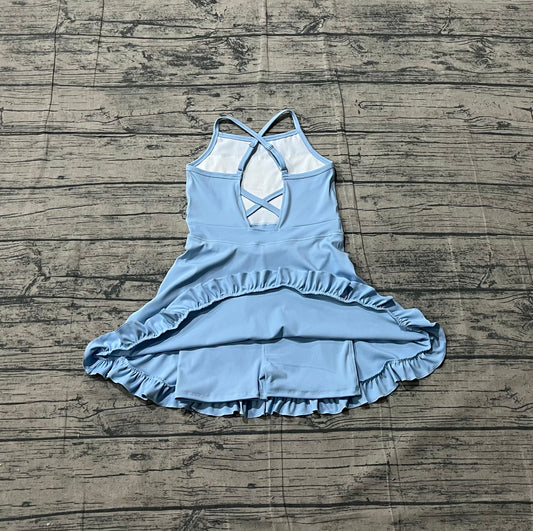 Sample S0713 Cute Yoga fabric Baby Girls Light Blue Strap Yoga Active Shorts Ruffle Knee Length Dresses