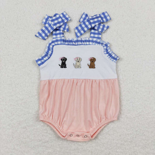 SR1053 embroidered three bowknot puppy blue and white plaid pink sling jumpsuit