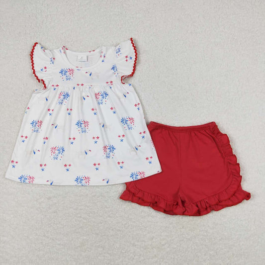 GSSO0797 July 4th Puppy Star fireworks white flying sleeve red shorts set
