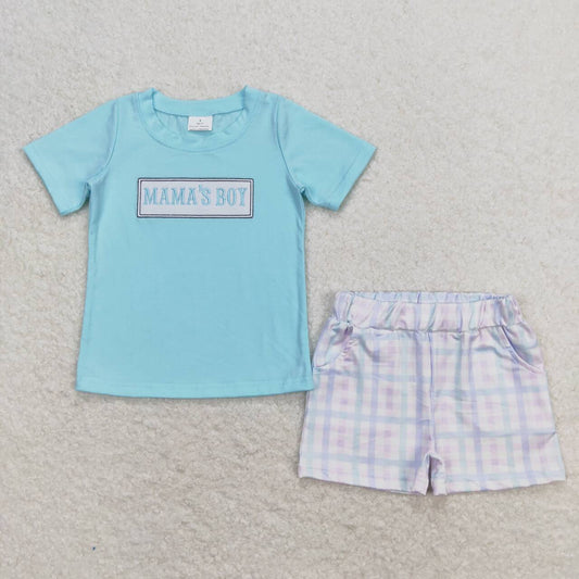 BSSO0624 mama's boy Embroidered letter-teal short-sleeved colored plaid shorts set