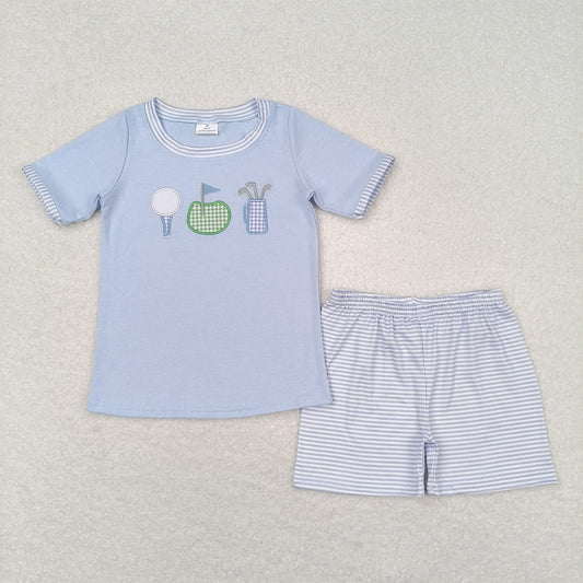 BSSO0686 Embroidered golf flag blue short-sleeved striped shorts set