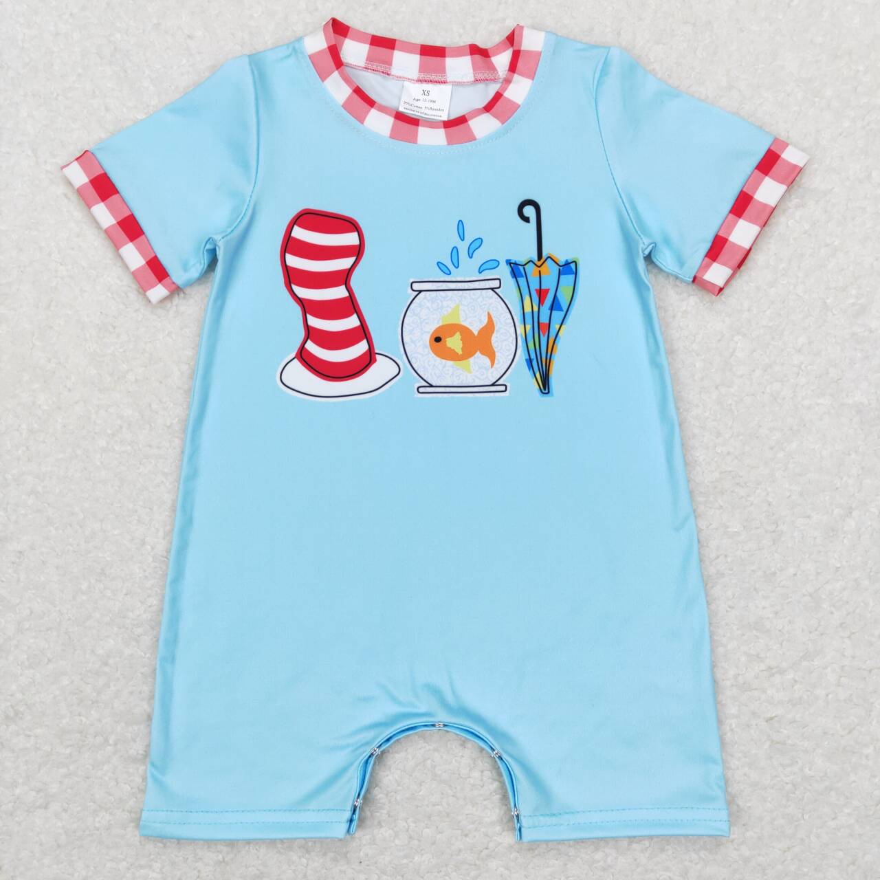 SR0767 Hat Fish Tank Umbrella Red and white plaid border blue short-sleeved onesie