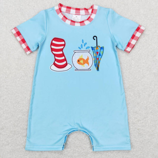SR0767 Hat Fish Tank Umbrella Red and white plaid border blue short-sleeved onesie