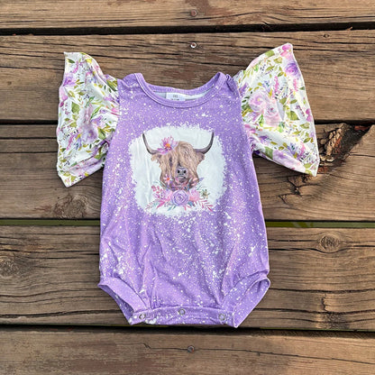 SR0118 Baby Purple Girls Cow Flowers Romper