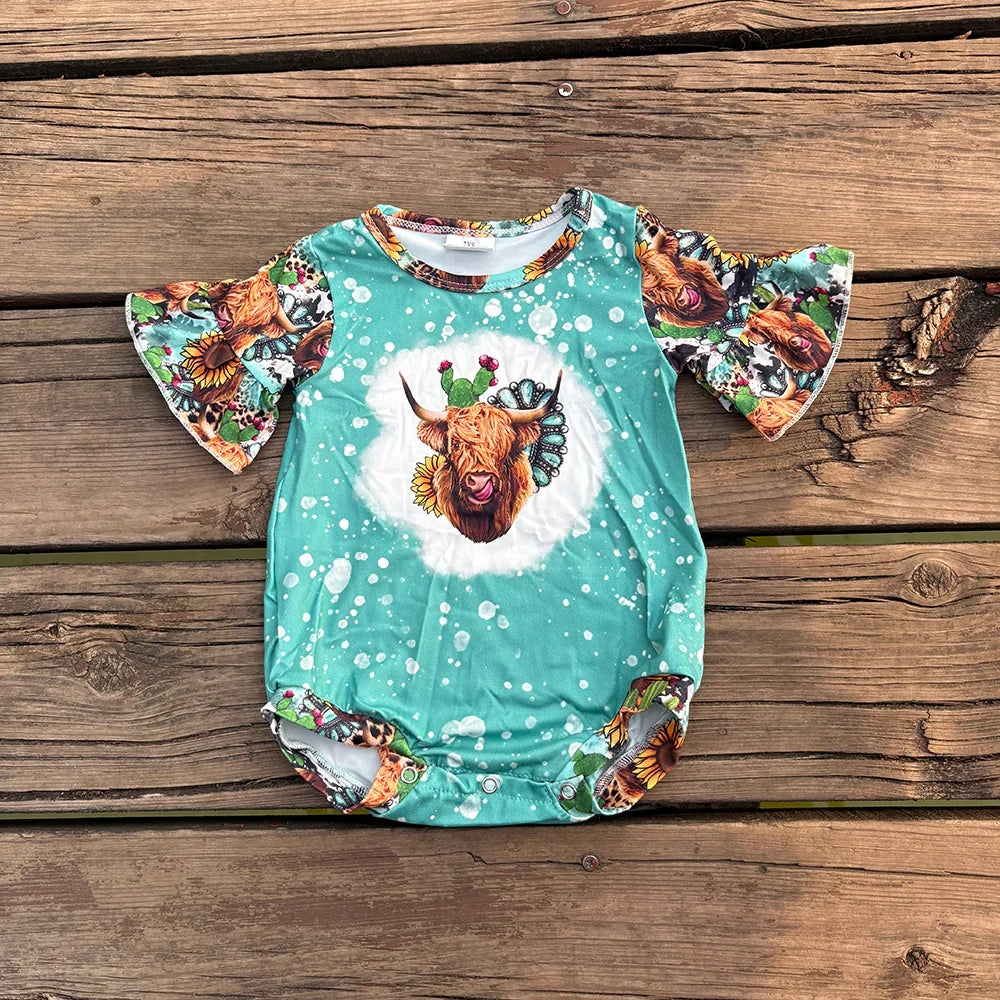 SR0126 Baby Girls Highland Cow Summer Romper