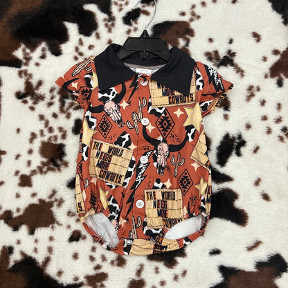 SR0193 Baby Boys Cow Skull Western Short Sleeve Romper