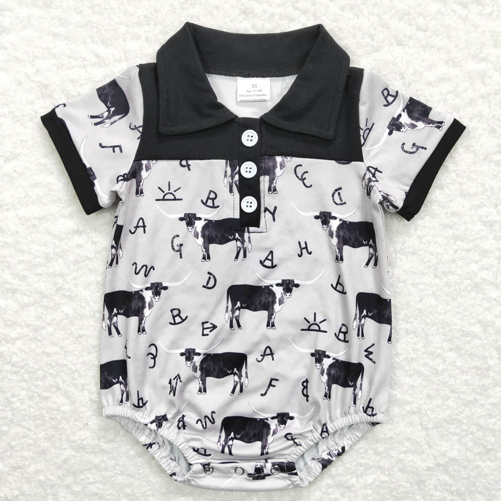 SR0220 Baby Boys Cow Western Black Short Sleeve Romper