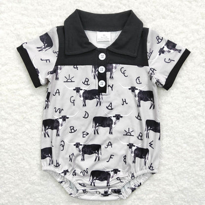 SR0220 Baby Boys Cow Western Black Short Sleeve Romper